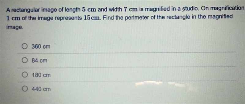 A rectangular image of length 5 cm and width 7 cm is magnified in a studio. On magnification-example-1