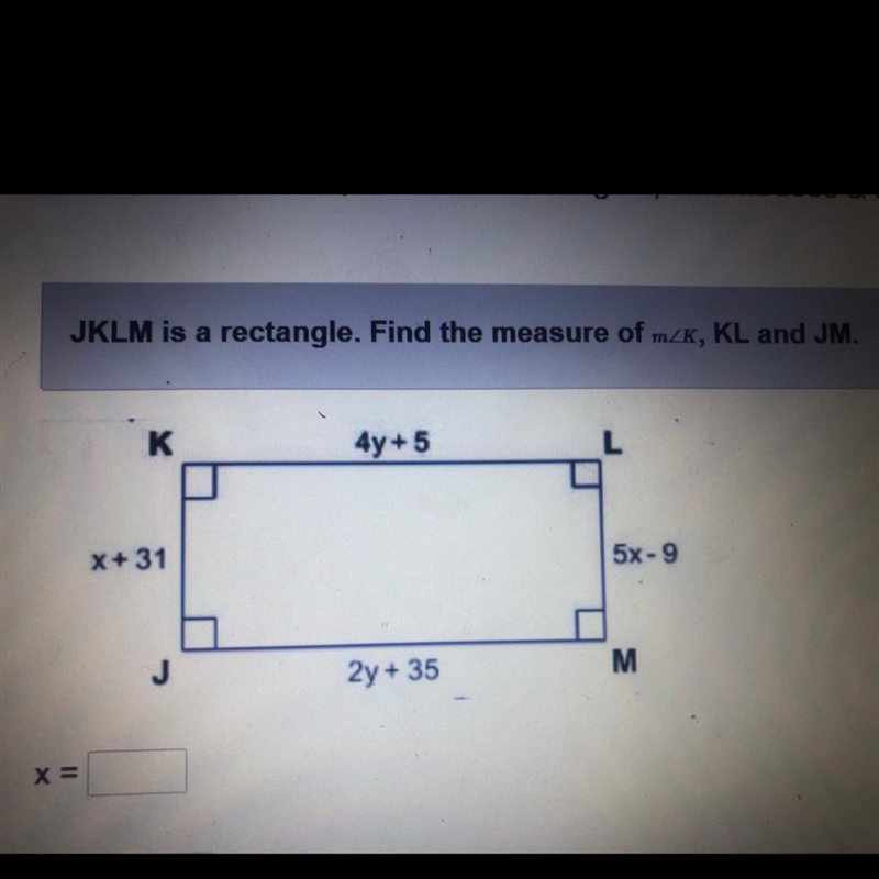 JKLM is a triangle. Find the measure of m-example-1