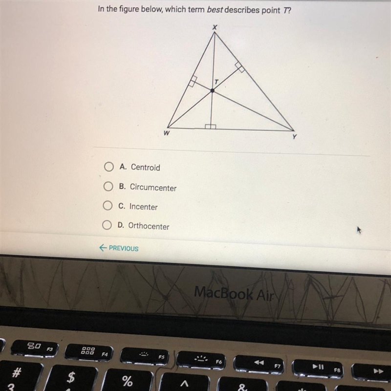 In the figure below, which term best describes point T?хTwYA. CentroidO B. CircumcenterO-example-1