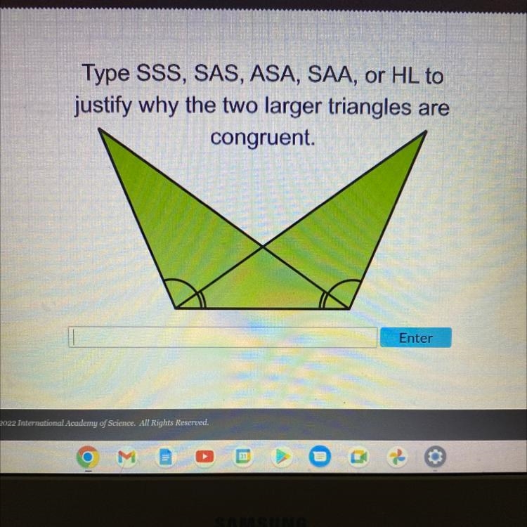 Type SSS, SAS, ASA, SAA, or HL to justify why the two larger triangles are congruent-example-1