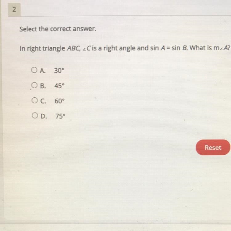 In right triangle ABC, angle c is a right angle and sin A= sin B. What is m-example-1