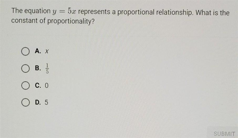 The equation y = 5x represents a proportional relationship. What is the constant of-example-1