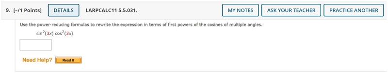 Use the power-reducing formulas to rewrite the expression in terms of first powers-example-1