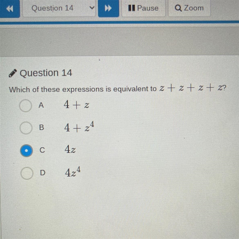 Which of these expressions is equivalent to z + 2 + 2 + z? 4 + z A B 4 +24 с 42 o-example-1