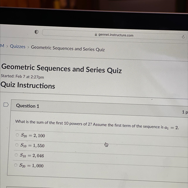 At 0 What is the sum of the first 10 powers of 2? Assume the first term of the sequence-example-1