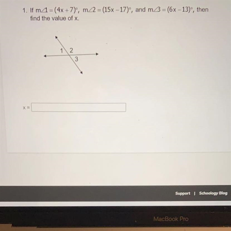 If m<1=(4x + 7), m<2= (15x - 17), and m<3= (6x -13), thenfind the value of-example-1