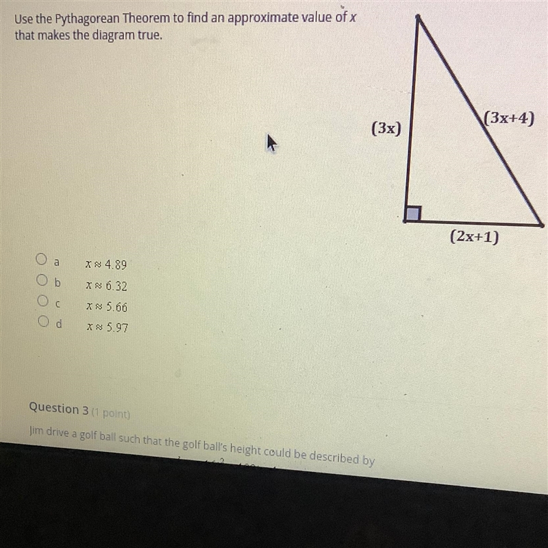 Use the Pythagorean Theorem to find an approximate value of x that makes the diagram-example-1