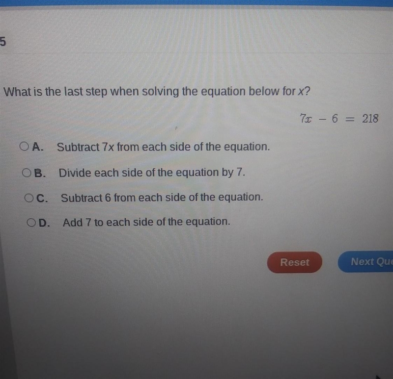 What id the last step when solving the equation below for x7x-6=218-example-1