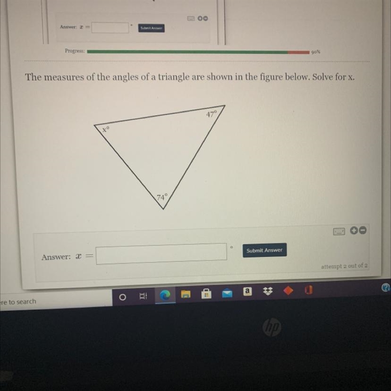 The measures of the angles of a triangle are shown in the figure below. Solve for-example-1