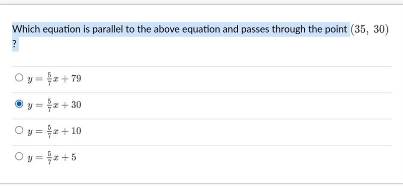 Which equation is parallel to the above equation and passes through the point (35, 30)?Group-example-1