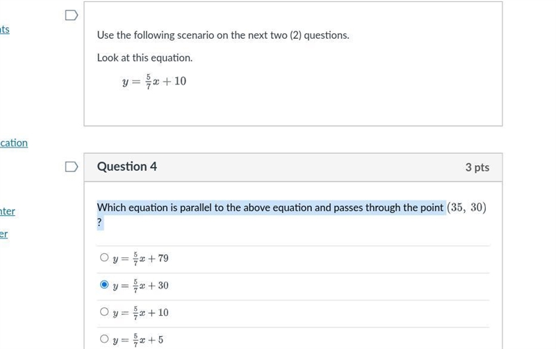 Which equation is parallel to the above equation and passes through the point (35, 30)?Group-example-2