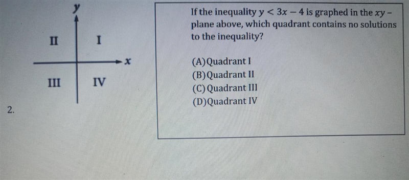 If the inequality y < 3x – 4 is graphed in the xy - plane above, which quadrant-example-1