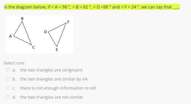 n the diagram below, if < A = 98 °, < B = 62 °, < D =98 ° and < F = 24 °, we-example-1