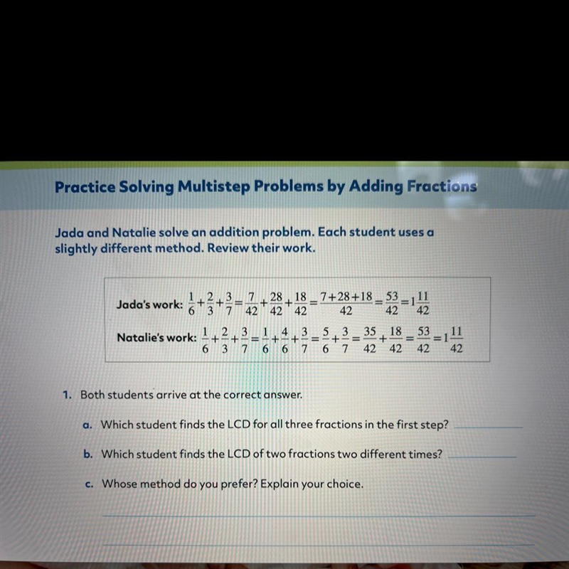 Jada and Natalie solve an addition problem. Ea h student uses a slightly different-example-1