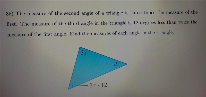 The measure of the second angle of a triangle is three times the measure of the first-example-1