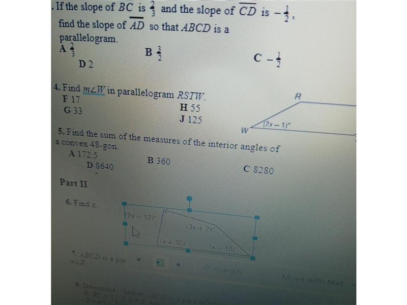 If the slope of angle beatline BC is 2/3 and the slope of CD is -1/2 find the slope-example-1