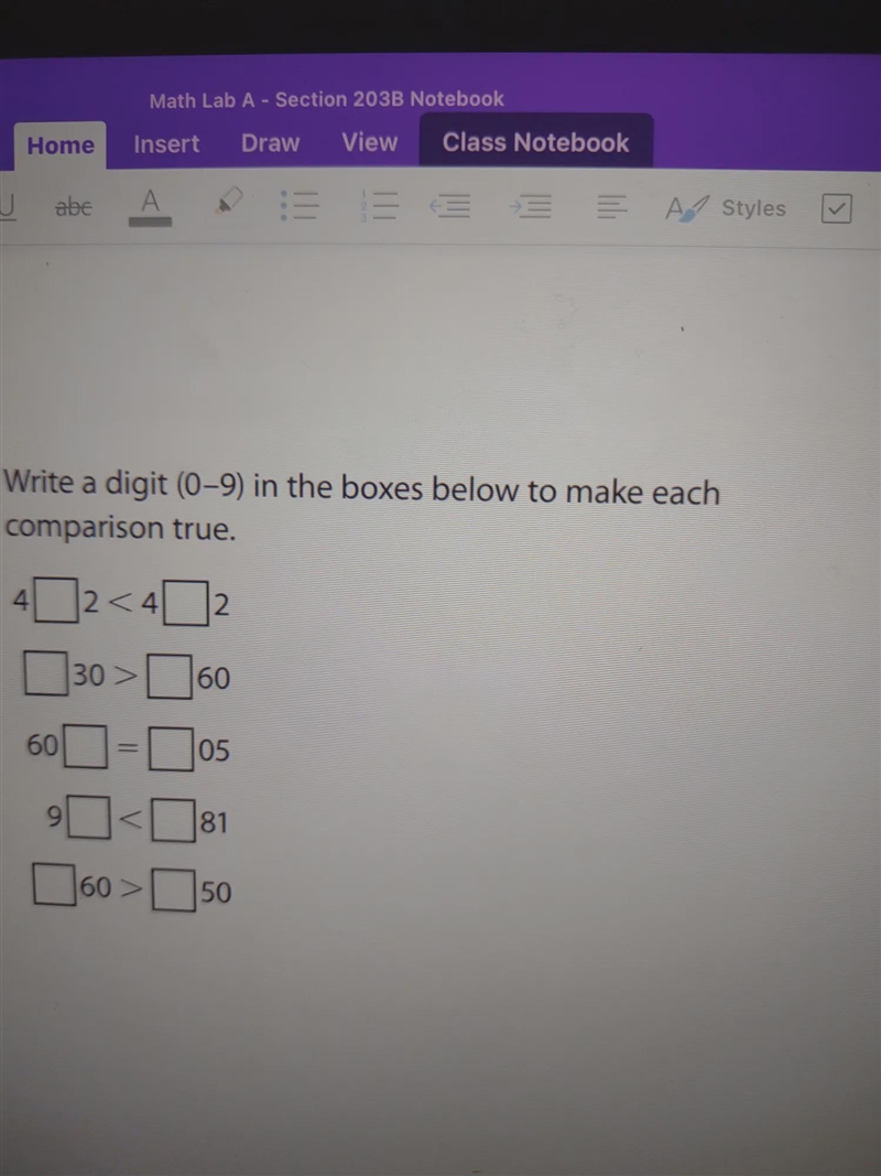 Write a digit (0-9) in the boxes below to make each comparison true. 4260 60 - 05 9 81 (60&gt-example-1