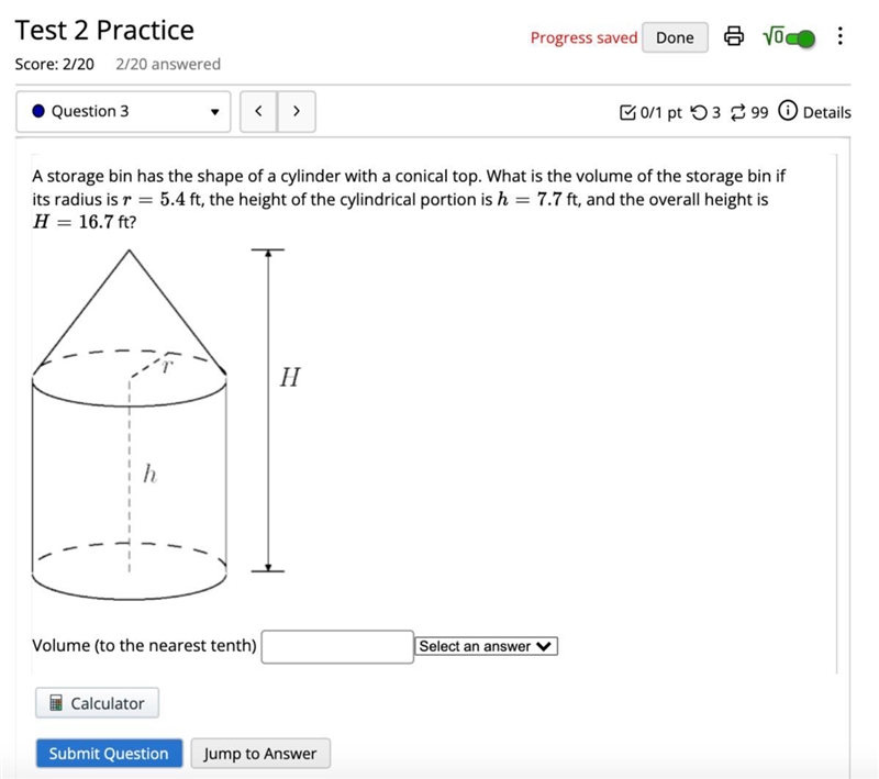 A storage bin has the shape of a cylinder with a conical top. What is the volume of-example-1