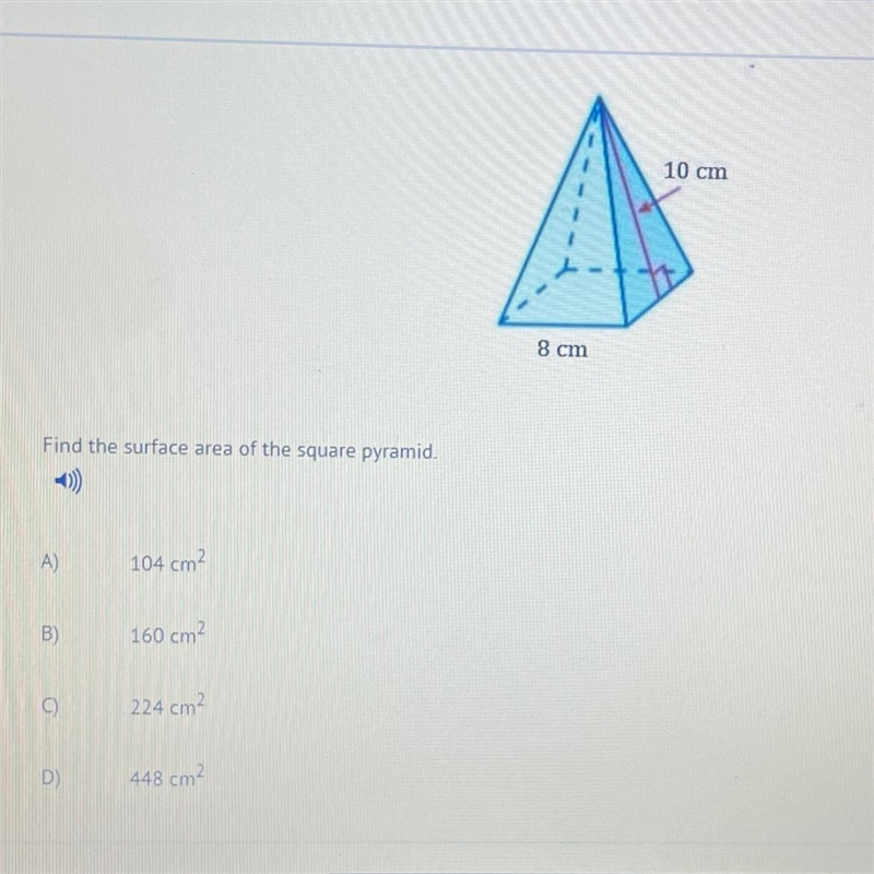 Find the surface area of the square pyramid?-example-1