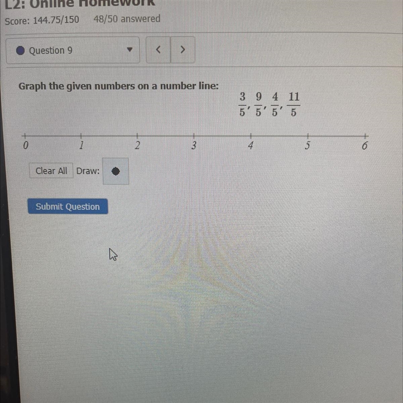 Graph the given numbers on a number line:3/9, 9/5, 4/5, 11/5-example-1