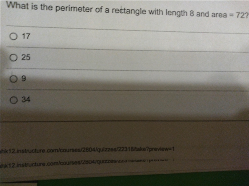 What is the perimeter of a rectangle with length 8 and area=72 please show work-example-1