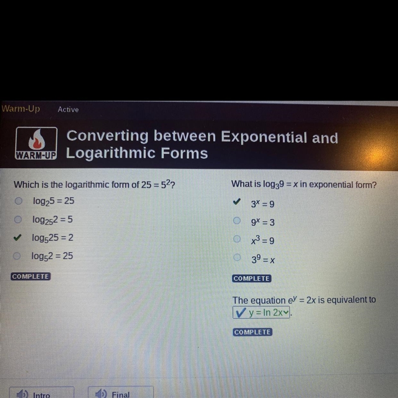 The equation e^y= 2x is equivalent to y = In 2 y = In x y = In 2x-example-1