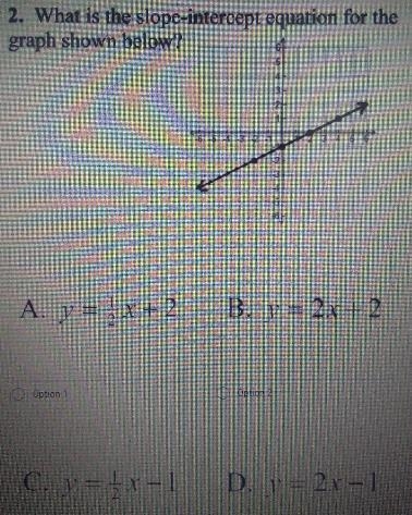 2. What is the slope-intercept equation for the graph shown below? 5+ 4 3 2 11 -6 -5 -4 -3 -2 -1 2 3 4 5 -2. -3 -5 -6 A-example-1