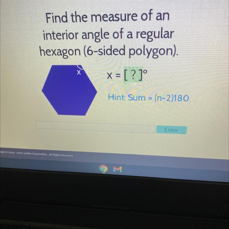 Find the Measure of an interior angle of regular hexagon (6 sides polygon).X=Hunt-example-1