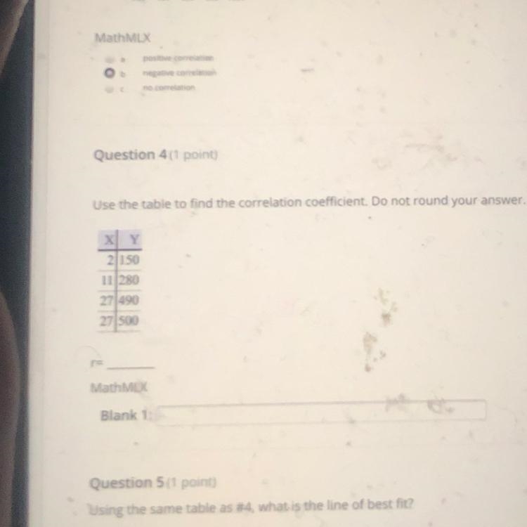 Question 401 pmUse the table to find the correlation coefficient. Do not round your-example-1