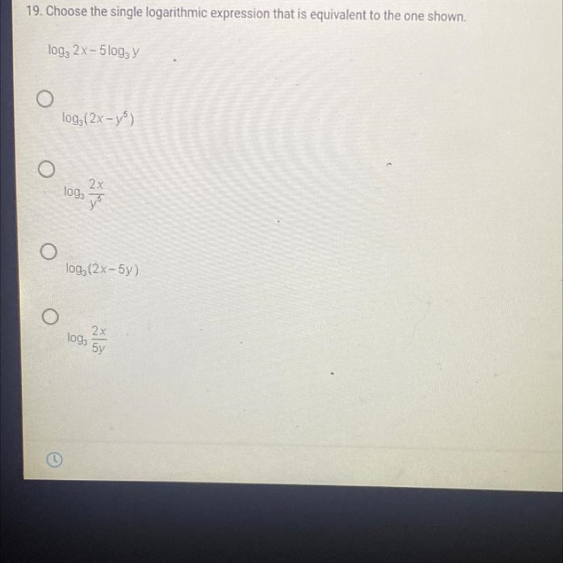 Choose the single logarithmic expression that is equivalent to the one shown.log, 2x-example-1