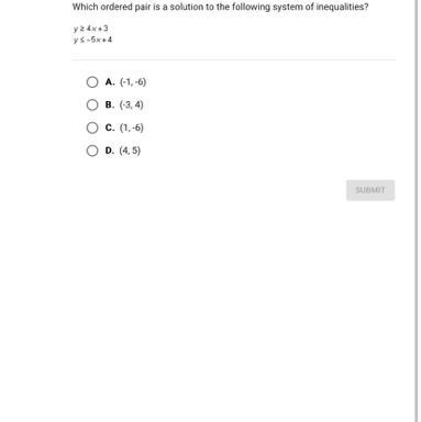 Which ordered pair is a solution to the following system of inequalities-example-1