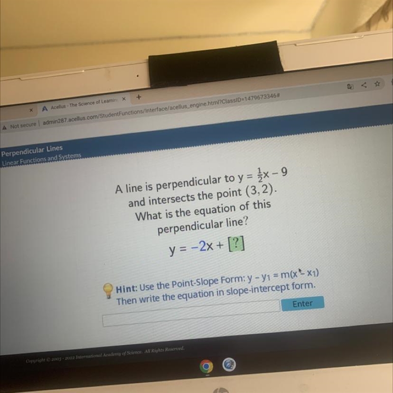 - A line is perpendicular to y = {x-9 and intersects the point (3,2). What is the-example-1