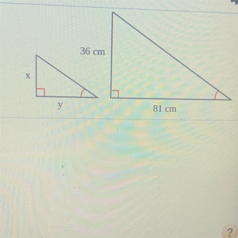 Find the values of x and y when the smaller triangle has an area of 54 cm2.The value-example-1