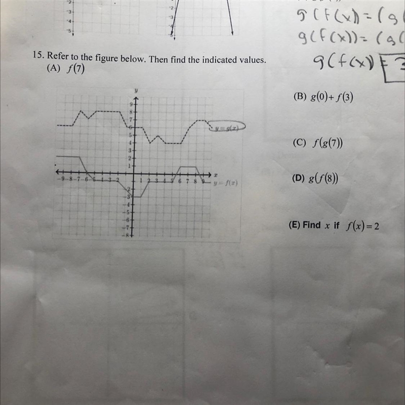 Refer to the figure below. Then find the indicated values:A) f(7)B) g(0) + f(3)C) f-example-1