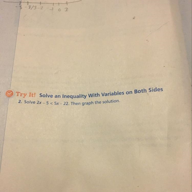 2Try It! Solve anInequality With Variables on Both Sides2. Solve 2x - 5 < 5x - 22. Then-example-1