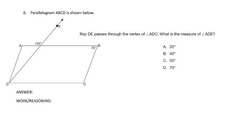 Parallelogram ABCD is shown below. Ray DE passes through the vertex of ANGLE ADC. What-example-1