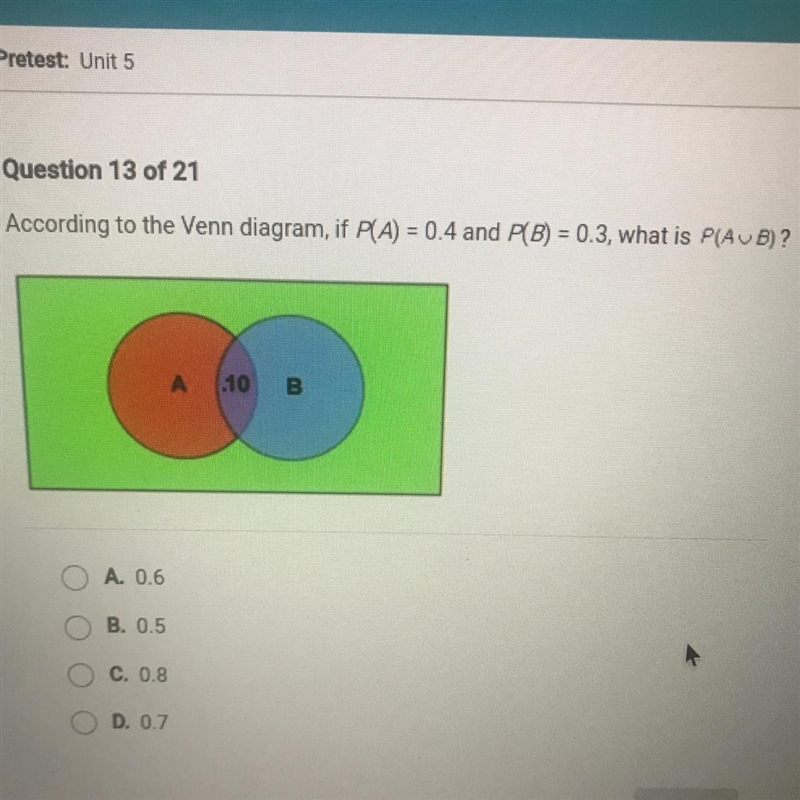 According to the Venn diagram, if P(A) = 0.4 and P(B) = 0.3, what is P(AuB)?A. 0.6B-example-1