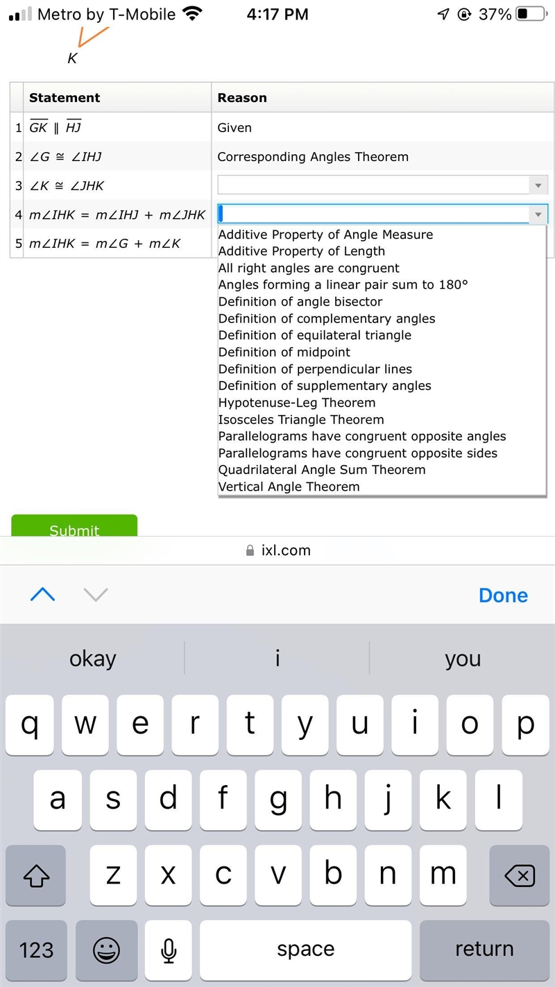 GK∥HJ. Complete the proof that m∠IHK=m∠G+m∠K without using the Triangle Angle Sum-example-3