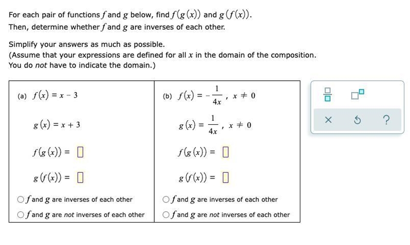 For each pair of functions and below, find and .-example-1