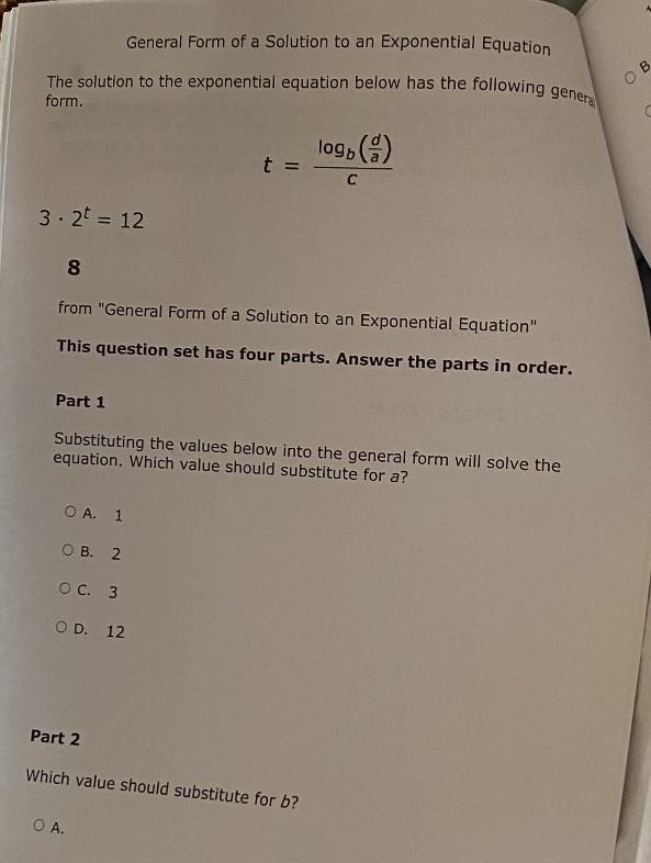 The solution to the exponential equation below has the following general form:t=(logsubb-example-1