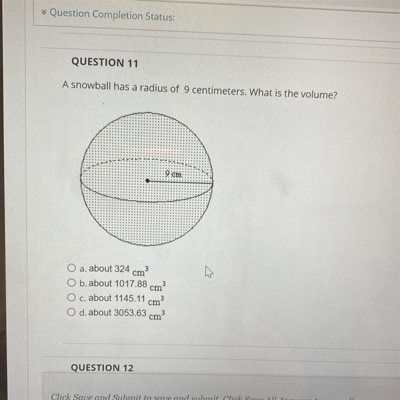 A snowball has a radius of 9 centimeters. What is the volume?-example-1