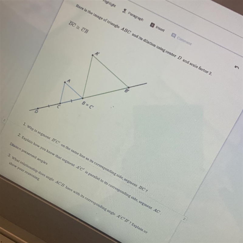 Here is the imagine of the triangle ABC and it’s dilations using center D and scale-example-1