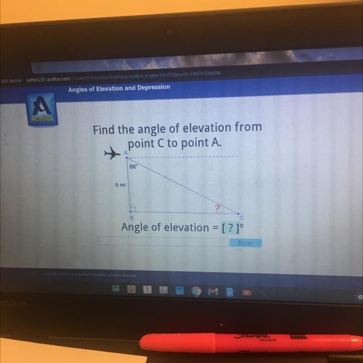 Find the angle of elevation from point C to point A. 66° 5 mi ? B. Angle of elevation-example-1