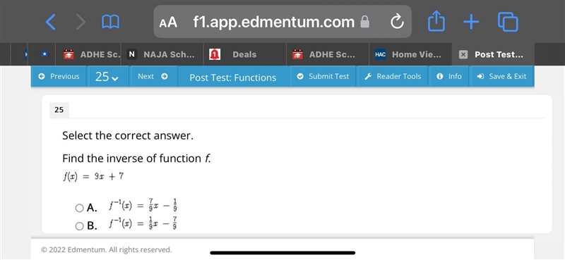 25Select the correct answer.Find the inverse of function f.= 9x + 7=OA. 1'(x) = ja-example-1