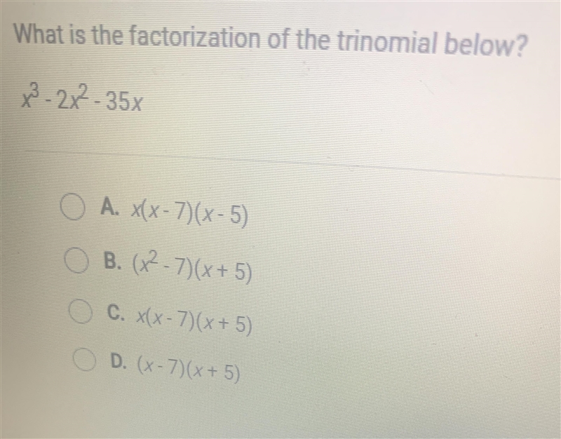 What is the factorization of the trinomial below?x^3 - 2x² - 35x-example-1