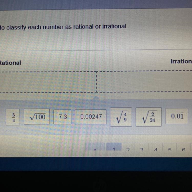 Drag the values into the boxes to classify each number as rational or irrational.-example-1