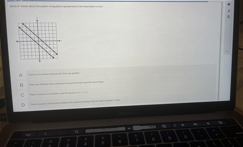 Which statements about the System of equations Represented by the lines below is true-example-1