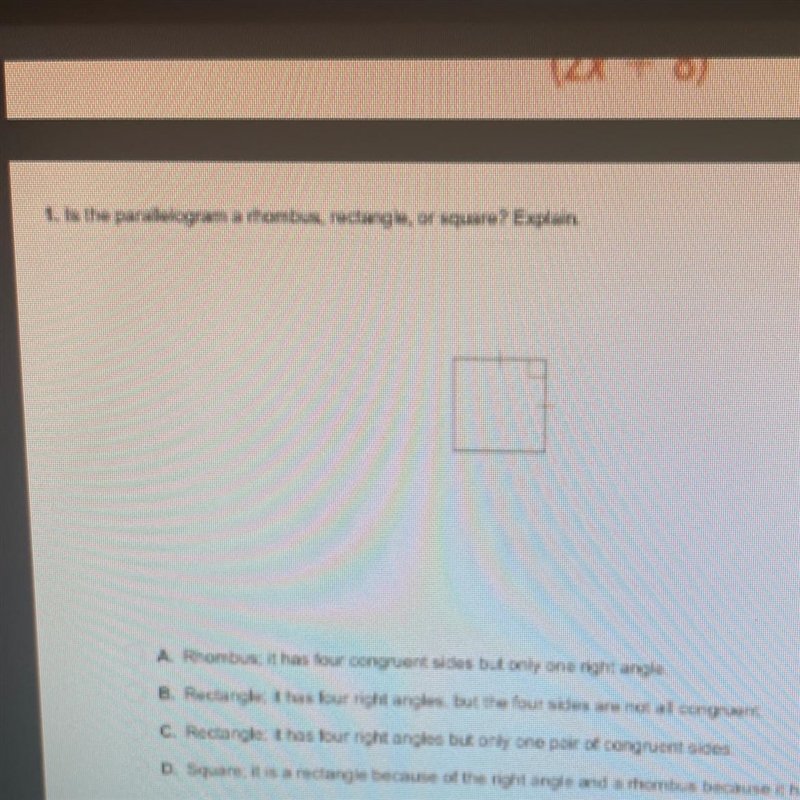 Is the parallelogram a rhombus rectangle or square-example-1