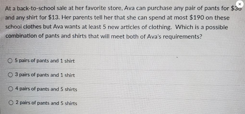 At a back-to-school sale at her favorite store, Ava can purchase any pair of pants-example-1