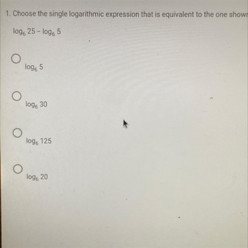 Choose the single logarithmic expression that is equivalent to the one shown.log625-log-example-1